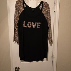 Leopard Print Sleeve Black Top